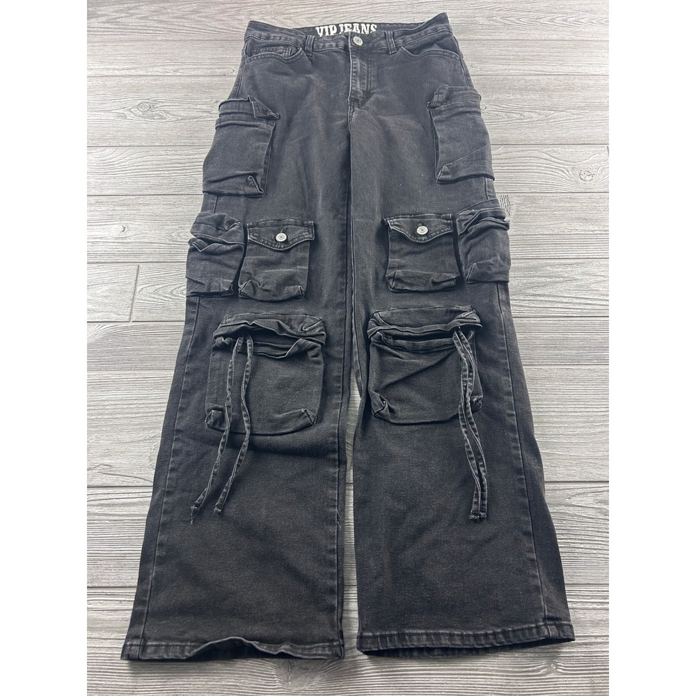 VIP Jeans Womens Black Cargo Pants Wide Leg Multi Pocket Size 11/30 1-60993BK